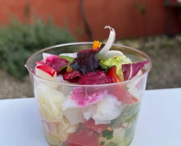 Amanida de Bacallà amb patata marinada amb condiment d'oli d'oliva amb farigola